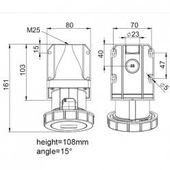 Розетка стационарная (настенная) 32A 4p 3h IP67